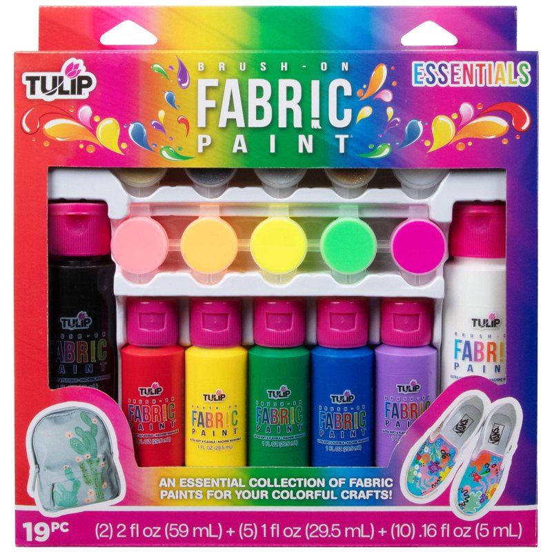 Fabric Paint Kit - 17 Neon, Metallic, Glitter Colors with 2 Brushes