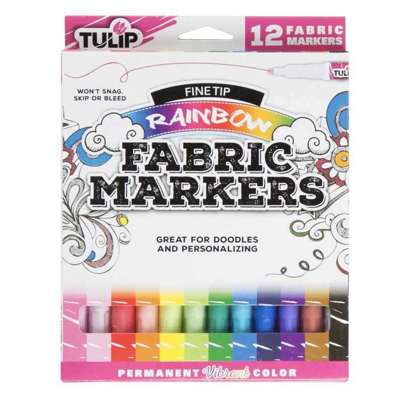 Rainbow Fine Tip Fabric Markers 12-Pack for DIY Clothing & Textile Art