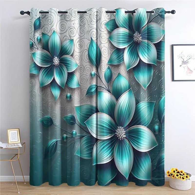 Turquoise Floral Blackout Curtains - Thermal Insulated Grommet Drapes for Living Room & Bedroom - Pack of 2