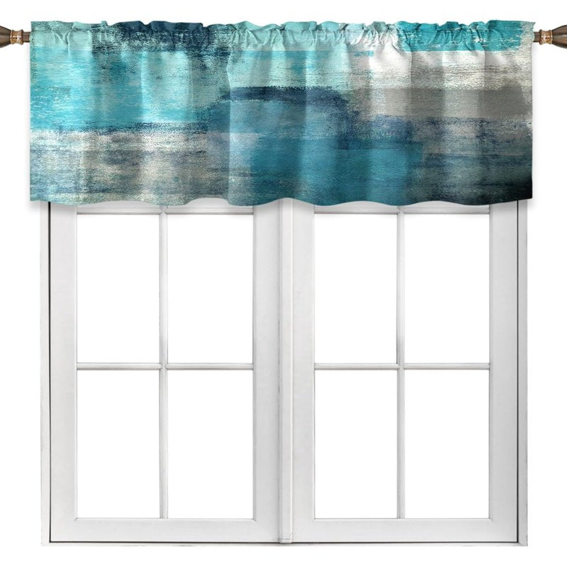 Modern Abstract Kitchen Valance Curtains - Turquoise Grey Window Treatment 18x52 inches