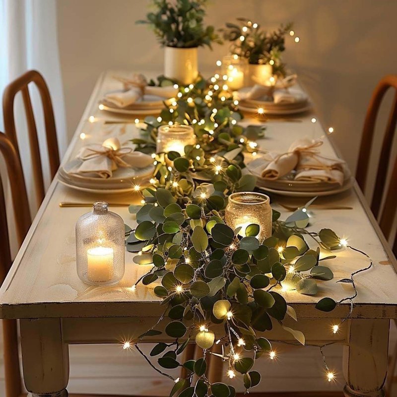 Twinkling Tree Light Garland with Warm White LED & Artificial Olive Leaves, Battery Operated Indoor Outdoor Decor