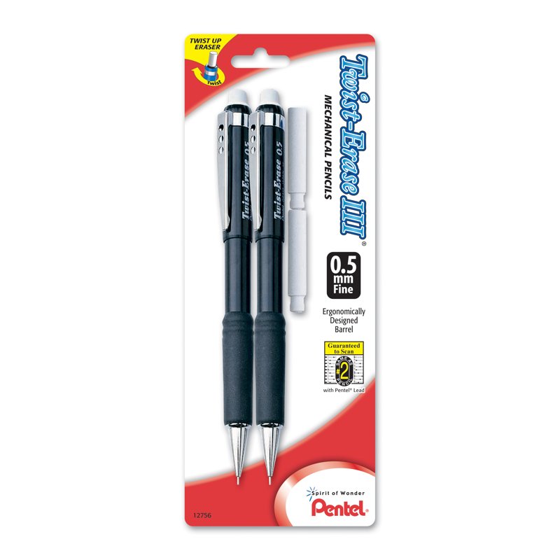 Pentel Twist-Erase III Mechanical Pencil 0.5mm with Eraser Refills 2-Pack