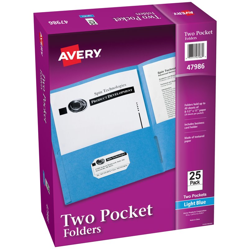 Blue Two Pocket Folder Holds 40 Sheets - Pack of 1 or 3