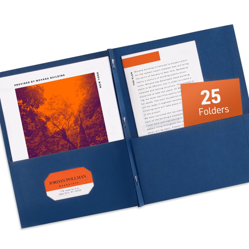 Blue Two Pocket Folders with 3 Prong Fasteners - Pack of 25