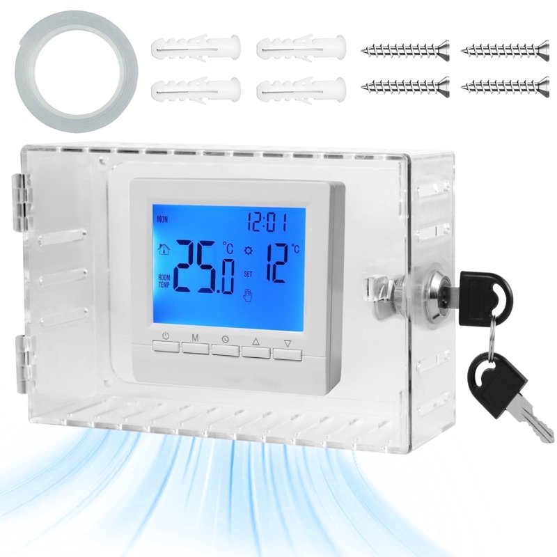 Universal Thermostat Lock Box with Key - Clear Acrylic Cover, Large Wall Mount Protector