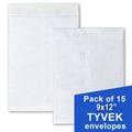 Self-Seal Tyvek Envelopes 9x12 Inches, White, Pack of 15 - Durable Shipping Mailers