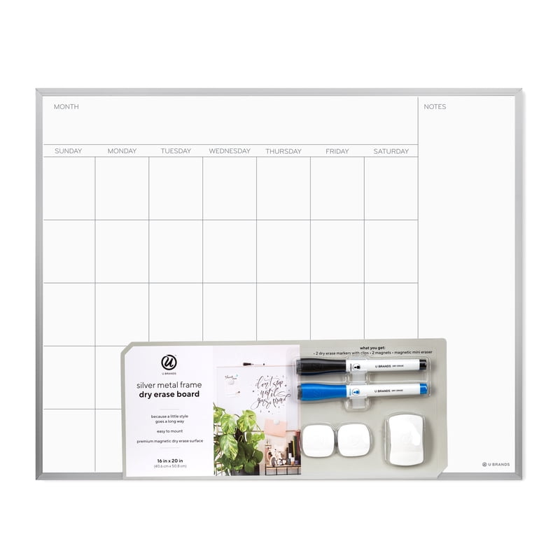 Magnetic Monthly Calendar Dry Erase Board 16x20 Inch with Silver Frame