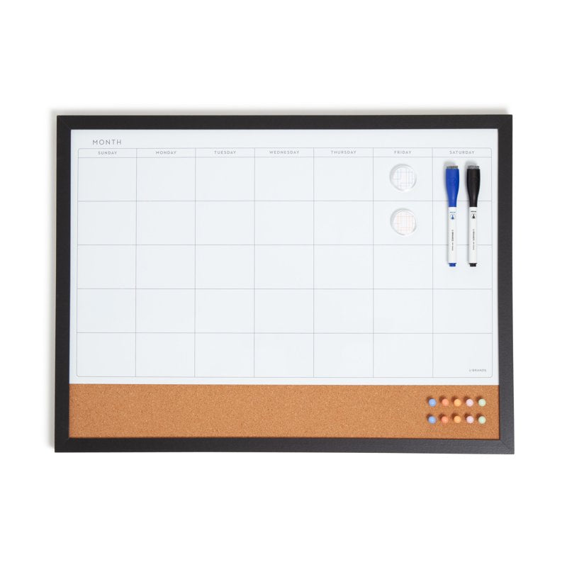 Magnetic Dry Erase Calendar Board 23x17 Inch with Black Wood Frame