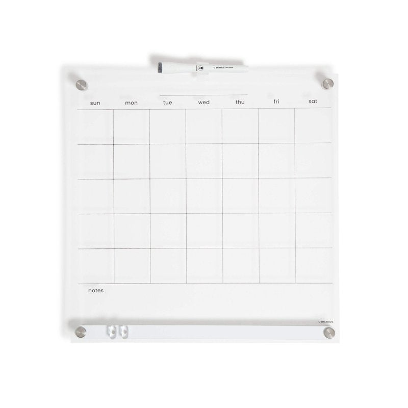 Acrylic Dry Erase Monthly Calendar Board 16x16 with Magnetic Bulletin Bar