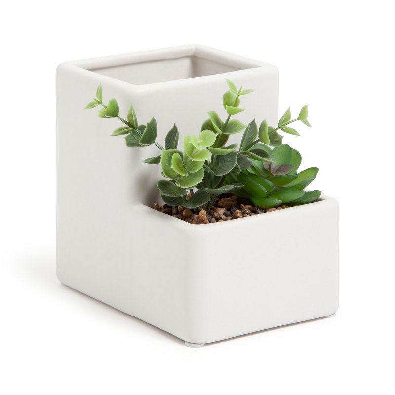 Ceramic Desktop Plant and Pencil Holder - White, 5.1 x 3.8 x 4.8 in.