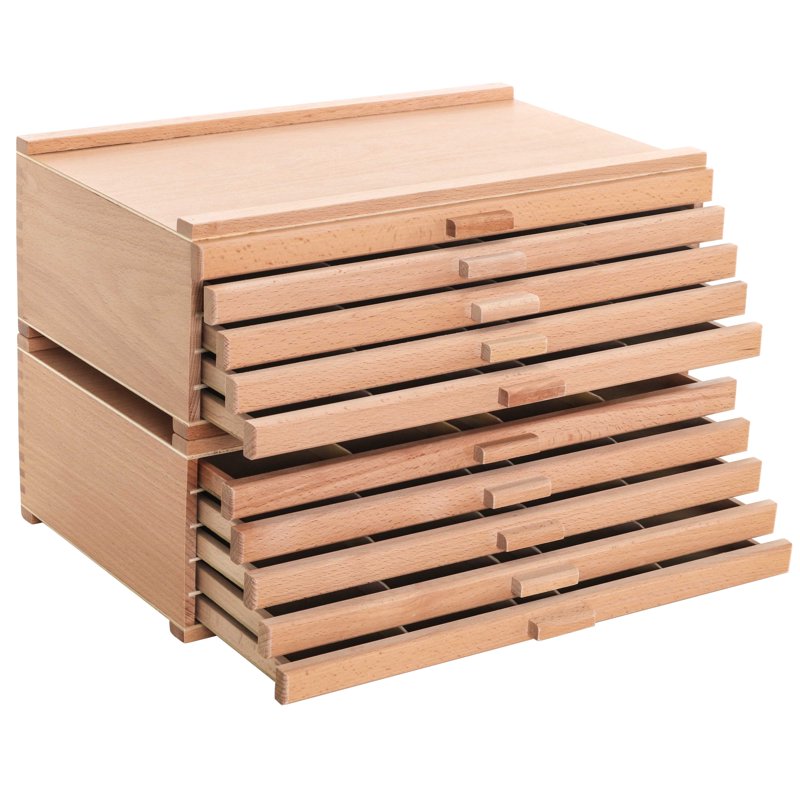 Art Supply Storage Box with 10 Stackable Elm Hardwood Drawers for Pastels Pens & Pencils