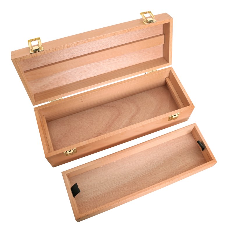 Unfinished Beechwood Artist Tool Storage Box with Removable Tray & Locking Clamps