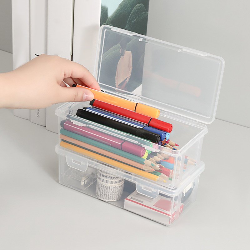 Large Transparent Plastic Pencil Box with Locking Lid & Handle - Space-Saving Organizer