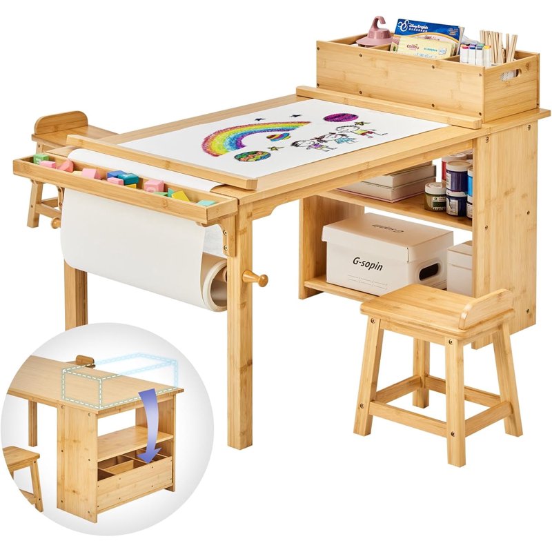 Toddler Art Table and Chair Set with Storage Shelves and Paper Roll Rack