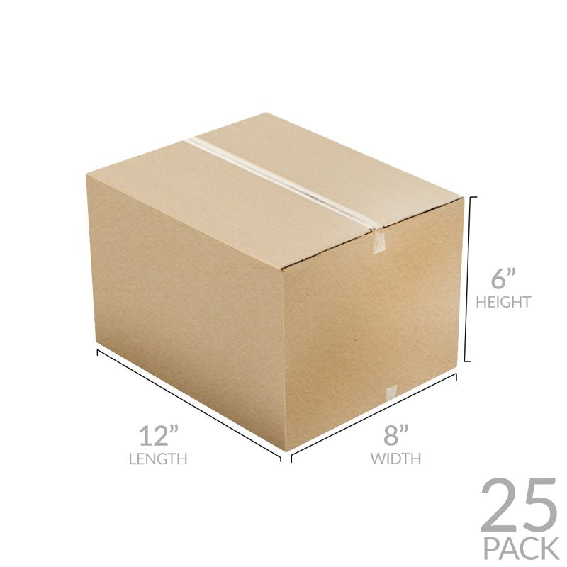 12x8x6 Inch Corrugated Shipping Boxes Pack of 25 - Heavy Duty Cardboard Storage