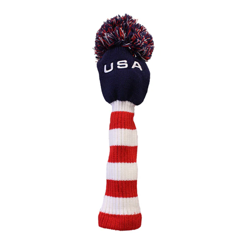 USA Super Pom Pom Golf Club Head Cover - Vintage Knit, Patriotic Design