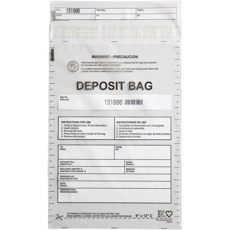 Cash Deposit Bags 9x12 Inch Clear Tamper-Evident Security Bags 100-Pack