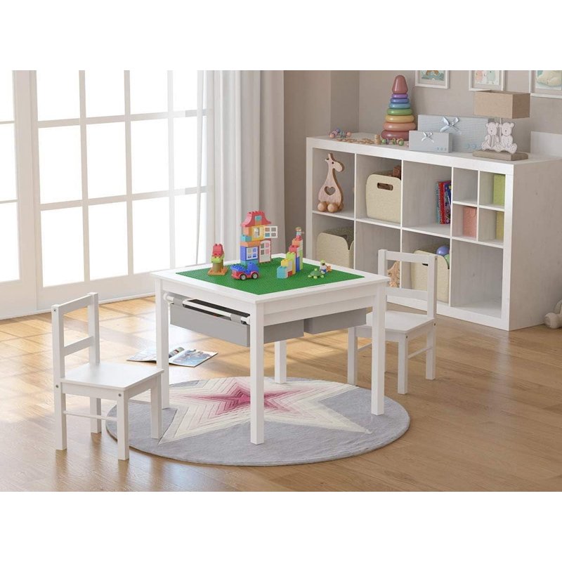 Kids Construction Play Table and Chair Set with Storage - White
