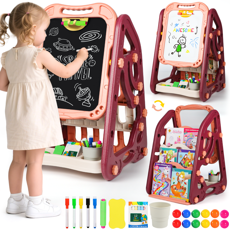 Kids Art Easel 3-in-1 Double-Sided Magnetic Whiteboard & Chalkboard, Adjustable Standing Toddler Art Desk