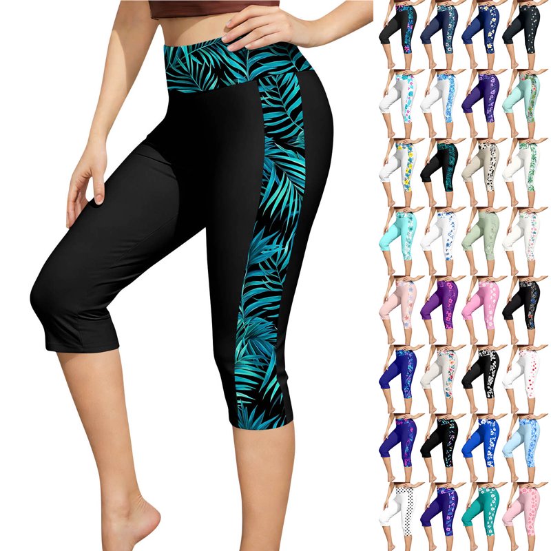 High Waisted Women's Tropical Print Swim Leggings - Quick Dry Tummy Control Water Sports Bottoms