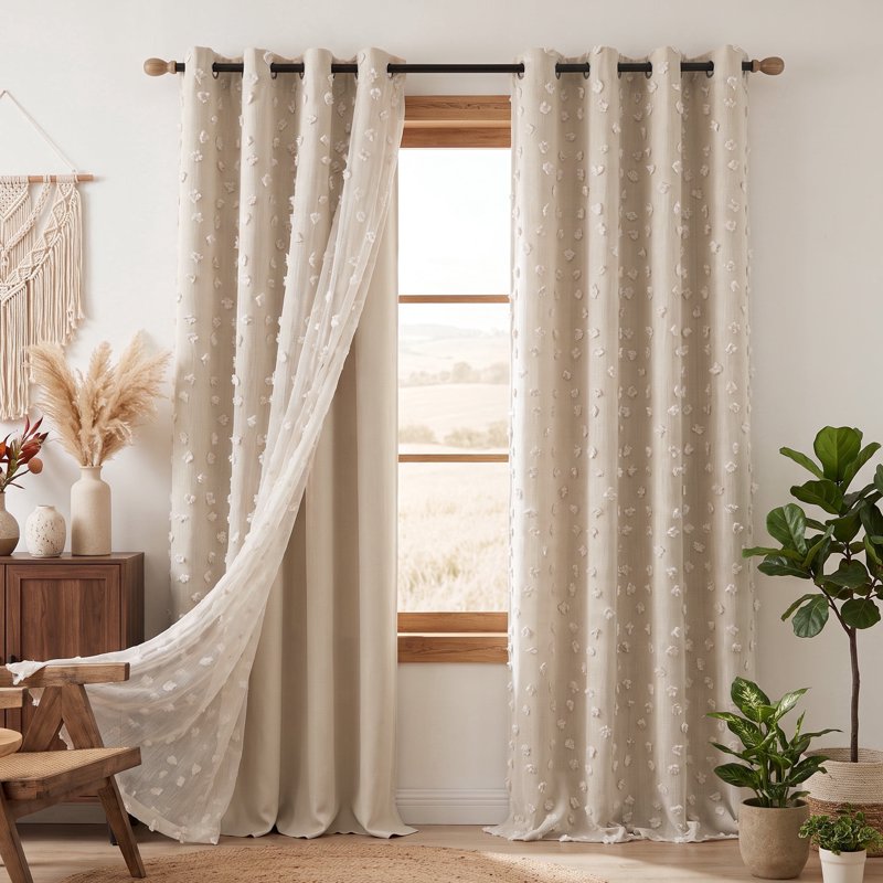 Bohemian Beige Pom Pom Sheer Blackout Curtain Panels - Room Darkening Drapes