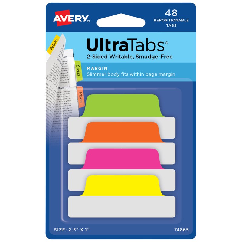 Assorted Neon Page Tabs - 2.5 x 1 Inch, Repositionable, 48 Pack