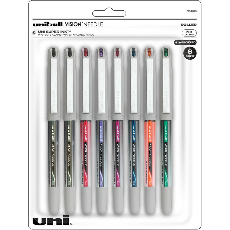 Uniball Needle Vision Soft Grip Rollerball Pens 8 Pack - Precise Waterproof Ink