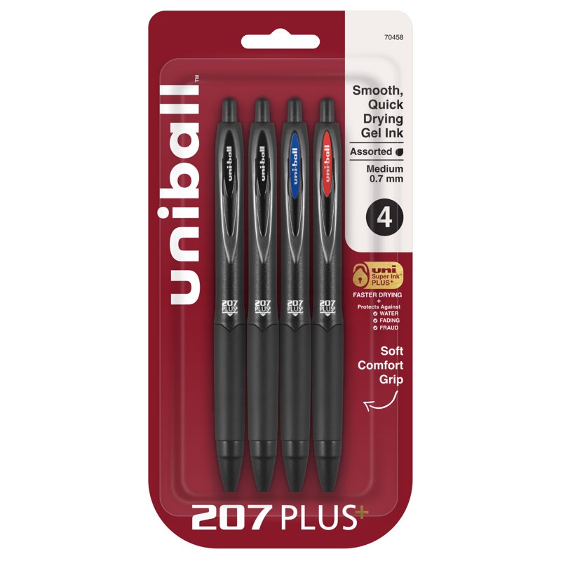 Uniball 207 Plus Retractable Gel Pens - Medium Point, Assorted Ink, 4 Pack