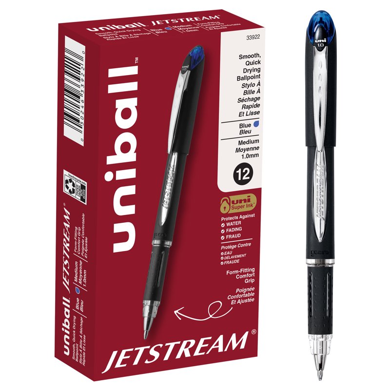 Uniball Jetstream Medium Point Ballpoint Pens - Blue Ink, Pack of 12