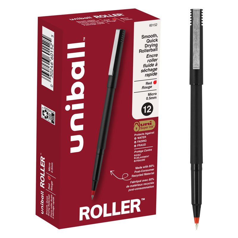 Uniball Micro Point Rollerball Pens - 0.5mm Fine Tip, Red Ink, Pack Options