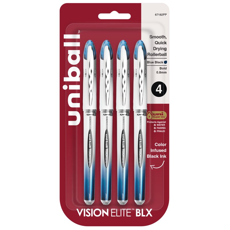 Uniball Vision Elite BLX Rollerball Pens - 0.8mm Bold Point, Blue-Black Ink, 4 Pack
