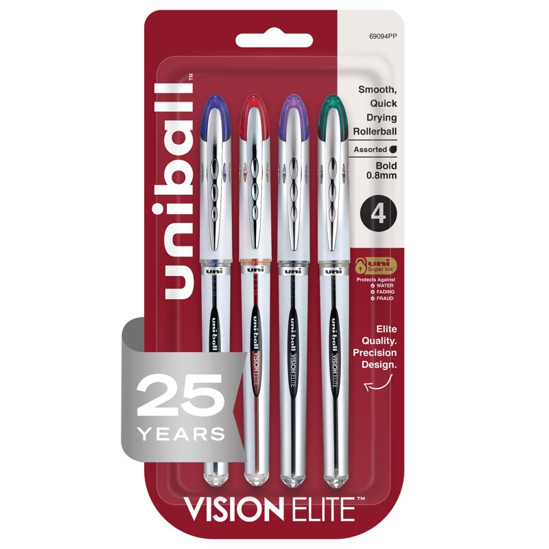 Uniball Vision Elite Rollerball Pens 0.8mm Bold Point Assorted Ink - 4 Pack