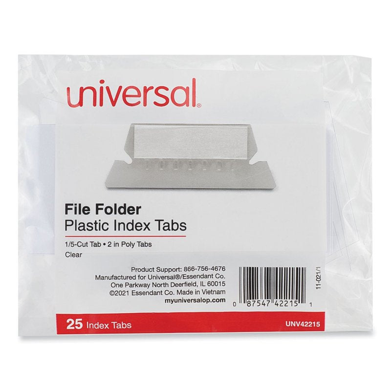 Universal Hanging File Folder Index Tabs - Clear Plastic 1/5 Tab Cut, 2 1/4 Inch, 25 Pack