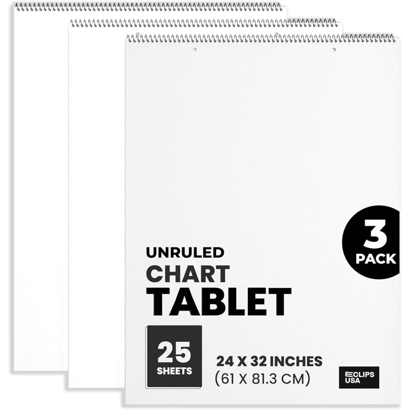 Large Unruled Chart Paper Pad for Classroom Presentations 24x32 Inches - Pack of 3