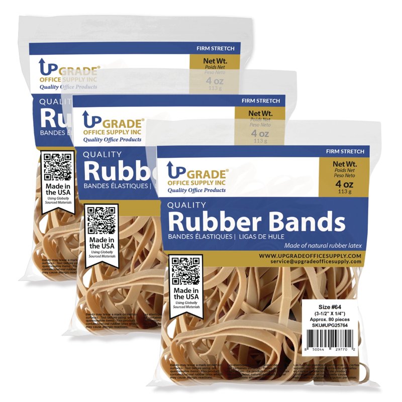Size 64 Rubber Bands 3-1/2 x 1/4 Inch 3 Pack - Strong Elastics for Office & Home