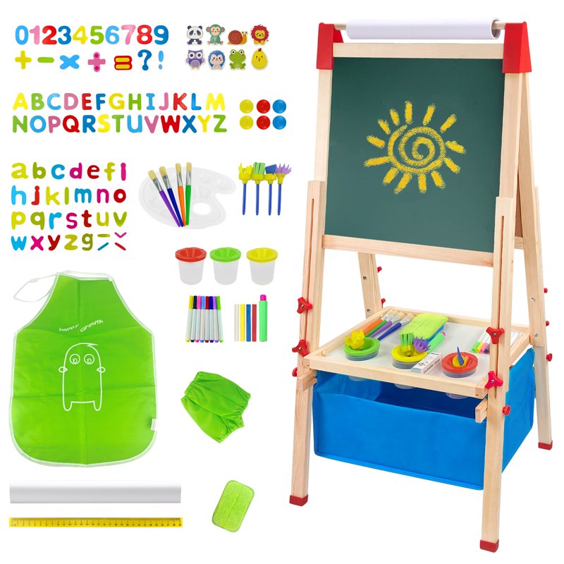 Kids Wooden Magnetic Chalkboard & Whiteboard Easel with Paper Roll - Toddler Art Gift