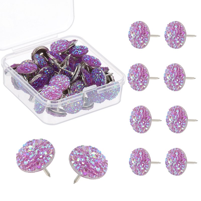 50 Pack Glitter Rhinestone Push Pins for Cork Boards Purple Decorative Thumb Tacks