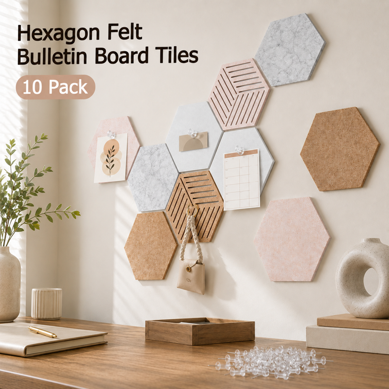 Hexagon Felt Cork Board Tiles Set with Pins - Modern Wall Decor for Office & Home