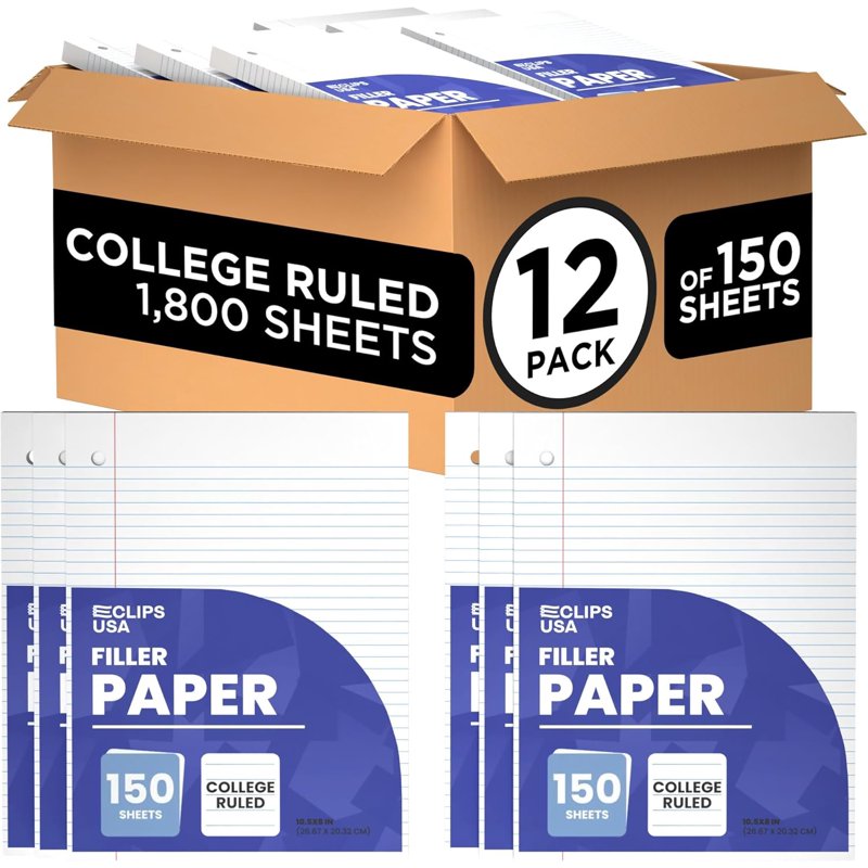College Rule Filler Paper Set - White Loose Leaf Notebook Paper for School & Office