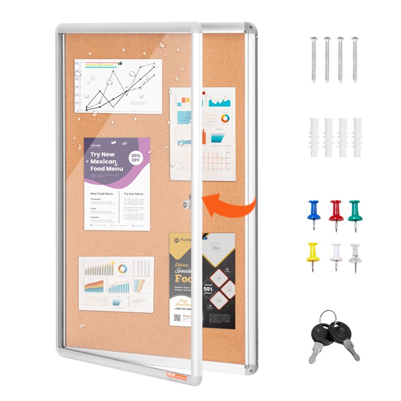 Lockable Enclosed Cork Board 36x24 Inches with Aluminum Frame for Office Home School