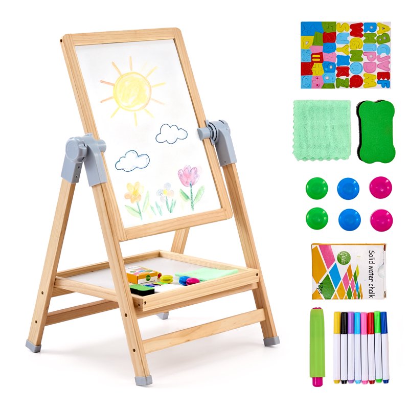 Kids Art Easel with Whiteboard & Chalkboard - Adjustable Double-Sided Wooden Drawing Station