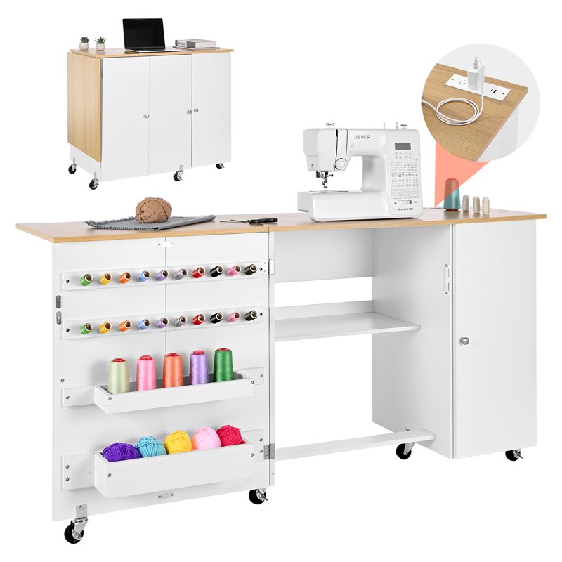 Foldable Sewing Table with Storage & Power Outlets - Multipurpose Craft Desk