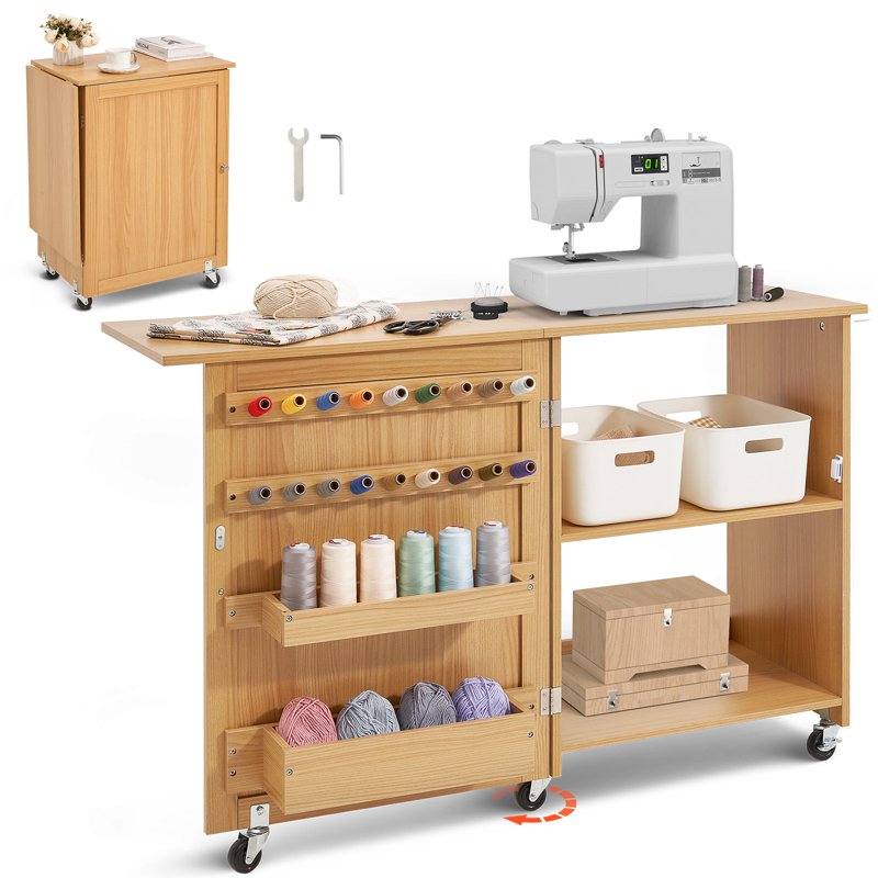 Folding Sewing Table with Storage Shelves and Wheels - Multi-Functional Craft Desk