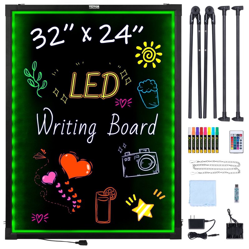 LED Message Writing Board 32x24 Inch Neon Effect Sign with Markers & Remote