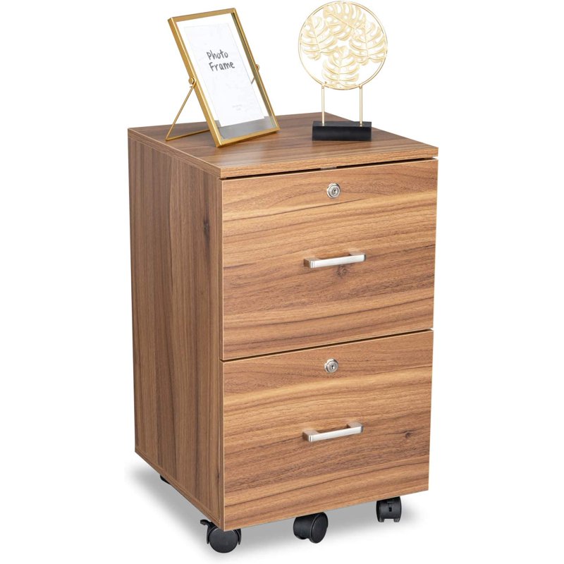 Rolling File Cabinet with Lock - 2 Drawer Wooden Mobile Storage for Office