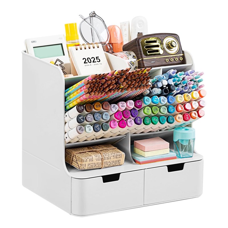 Tall Plastic Desk Organizer with Drawers & Compartments - Office & Home Storage