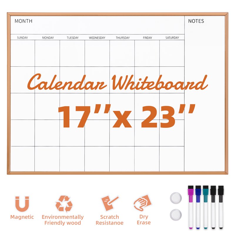 Magnetic Monthly Calendar Whiteboard 17x23 Inches with Rose Gold Frame for Wall Office Home School