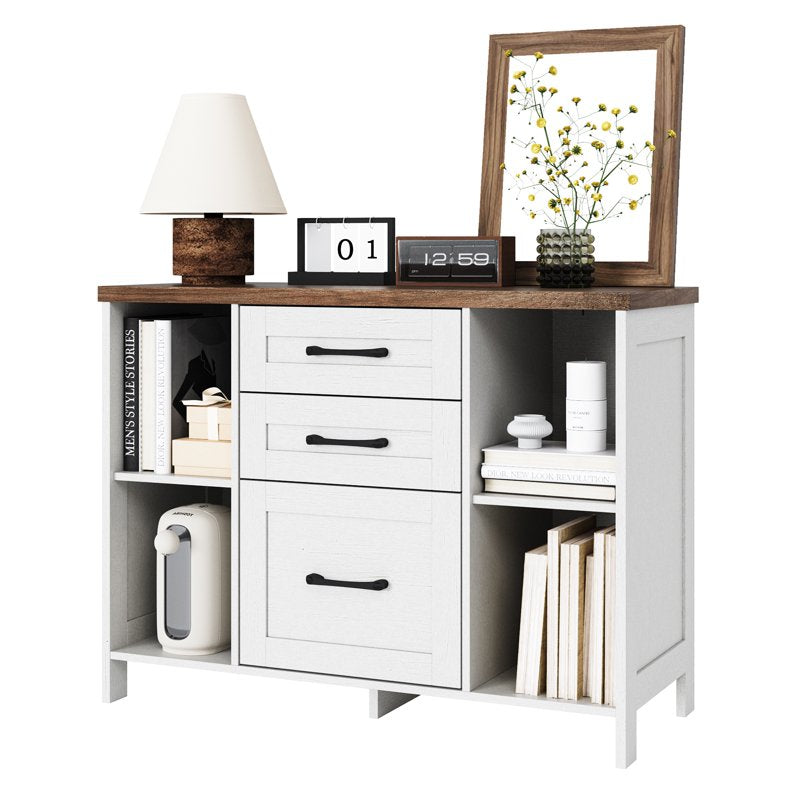 Wood 3-Drawer Lateral File Cabinet with Shelves - White Home Office Storage