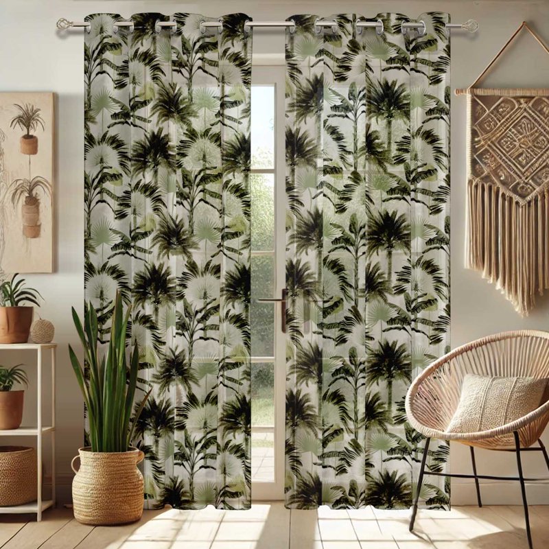 Light Filtering Tropical Tree Print Sheer Curtains for Windows & Doors - Set of 2 Panels