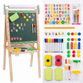 Kids Art Easel with Magnetic Whiteboard Chalkboard & Paper Roll - Adjustable 3-in-1 Wooden Drawing Stand for Toddlers